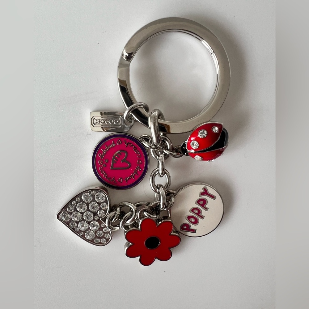 Coach Silver and Red Poppy Keychain